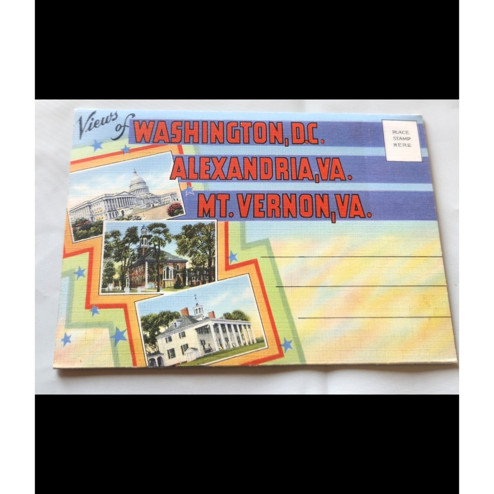 Vintage Linen Postcard Folder Washington DC Alexandria Mt Vernon Virginia 1930s